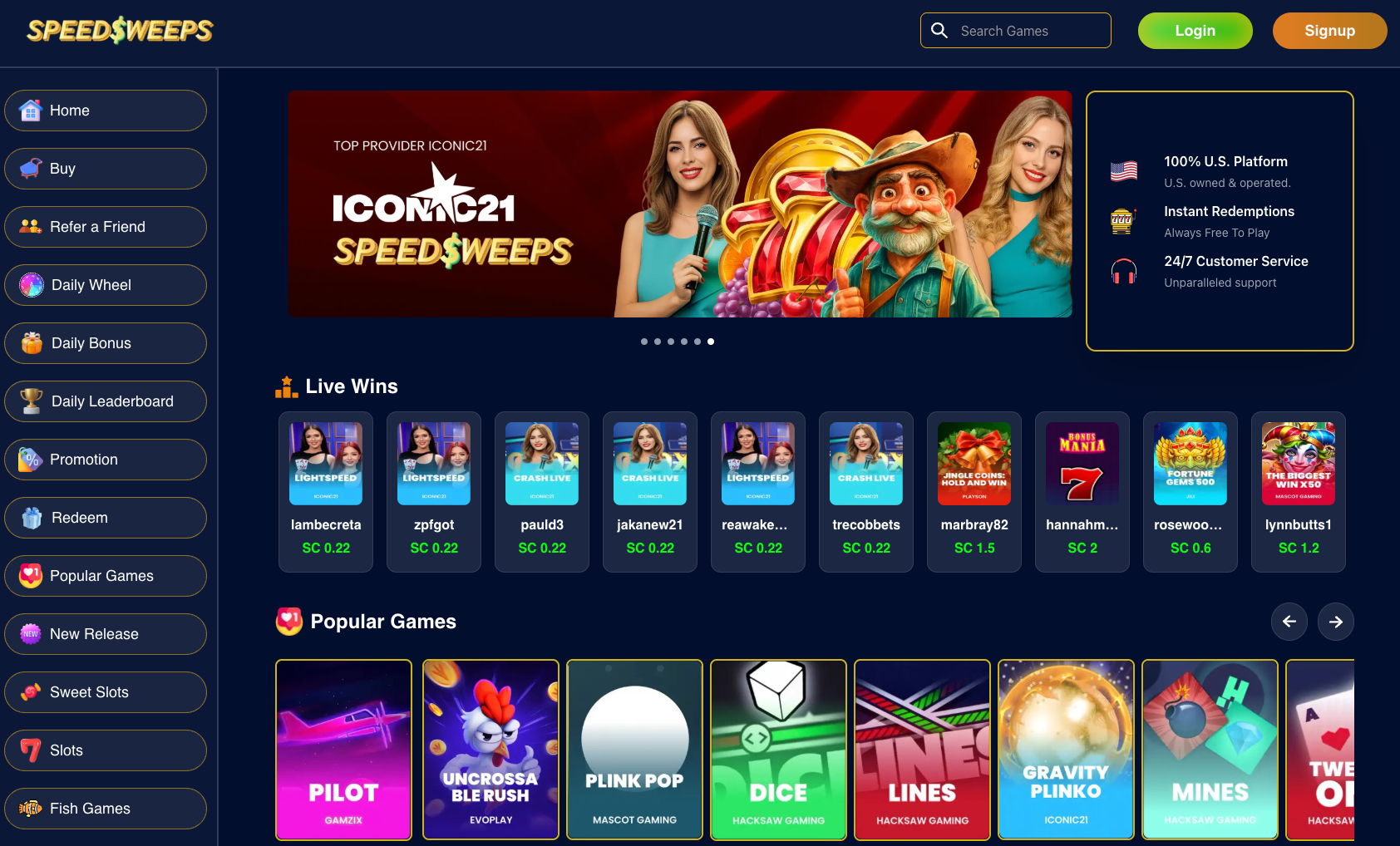 SpeedSweeps Casino Homepage