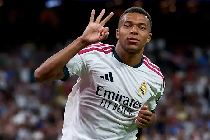 Kylian Mbappé celebrates after scoring for Real Madrid. Getty Images.