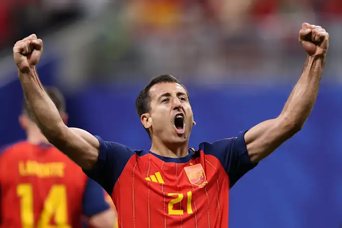 Mikel Oyarzabal celebrates his second goal for Spain against Saudi Arabia