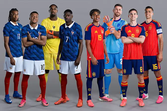 Michael Olise, Kylian Mbappe, Mike Maignan and Ousmane Dembele of France and Lamine Yamal, Unai Simon, Fabian Ruiz and Rodri of Spain ahead of the FIFA World Cup 2026 Semi Final match between France and Spain on July 13, 2026