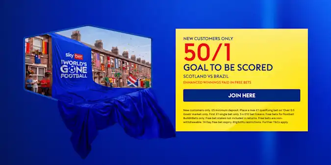 Sky Bet: 50/1 Goal to be Scored in Scotland vs Brazil