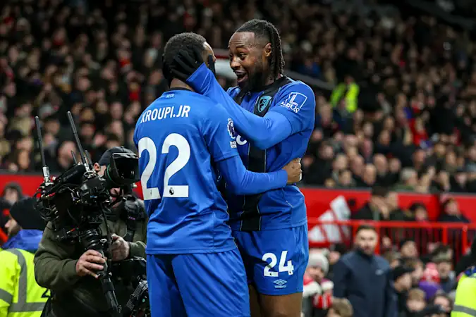 Eli Junior Kroupi and Antoine Semenyo celebrate during Bournemouth's 4-4 draw with Man Utd