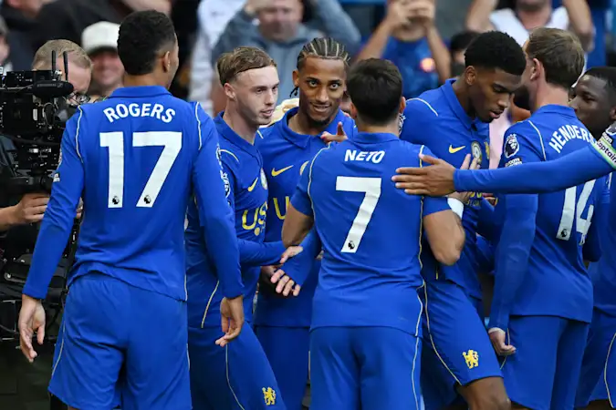 Joao Pedro celebrates scoring for Chelsea against Bournemouth.