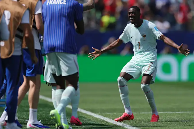 Ousmane Dembele celebrates his second goal for France against Norway in Group I