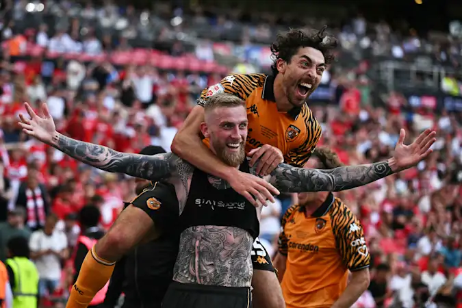 Ollie McBurnie celebrates scoring against Middlesbrough in the Championship play-off final