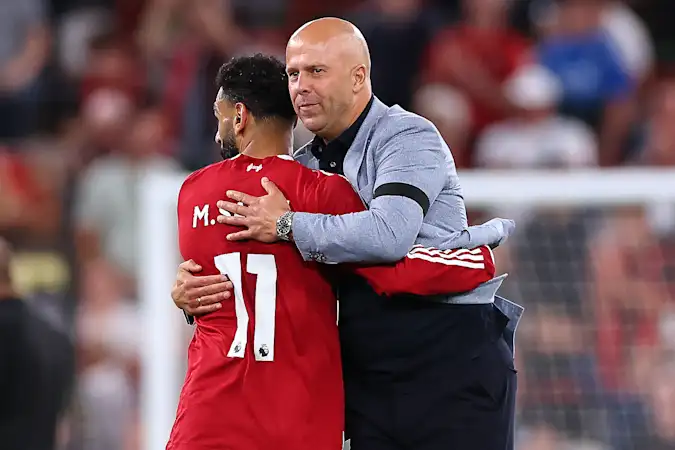 Mohamed Salah and Arne Slot celebrate after Liverpool's 4-2 win over Bournemouth