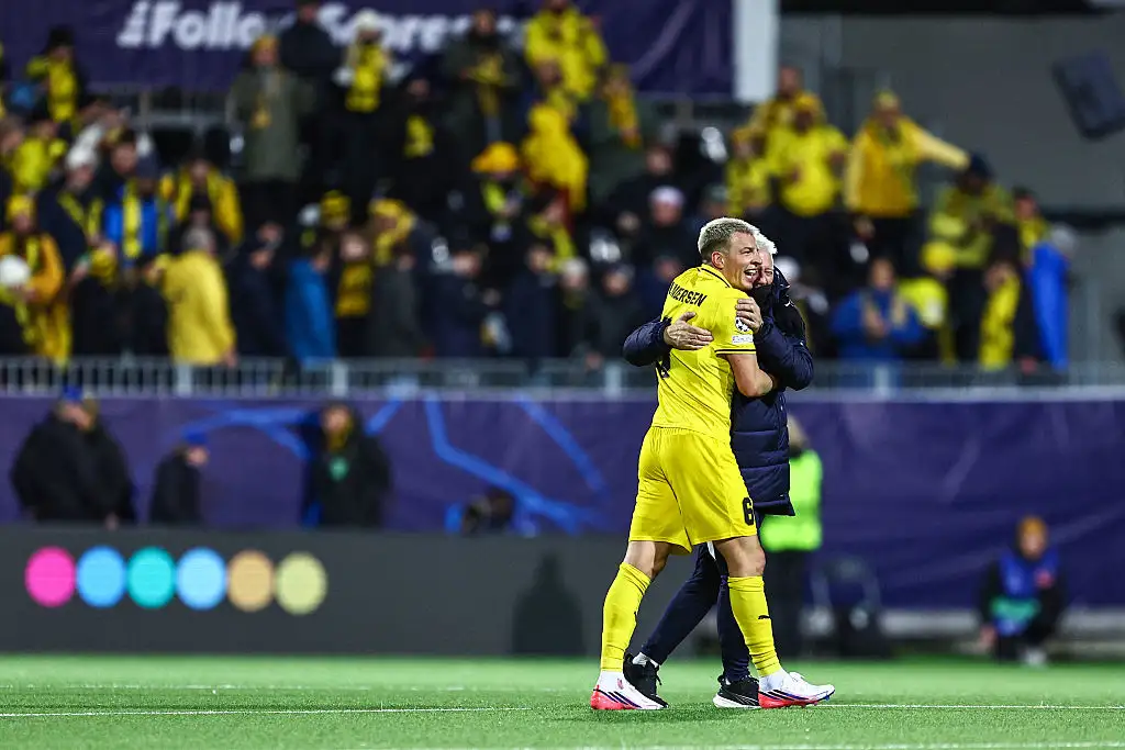 Jostein Gundersen celebrates his team's victory at the end of the UEFA Champions League, league phase matchday 2, football match between Bodo/Glimt and BVB Borussia Dortmund at the Aspmyra stadium in Bodo, on October 14, 2026