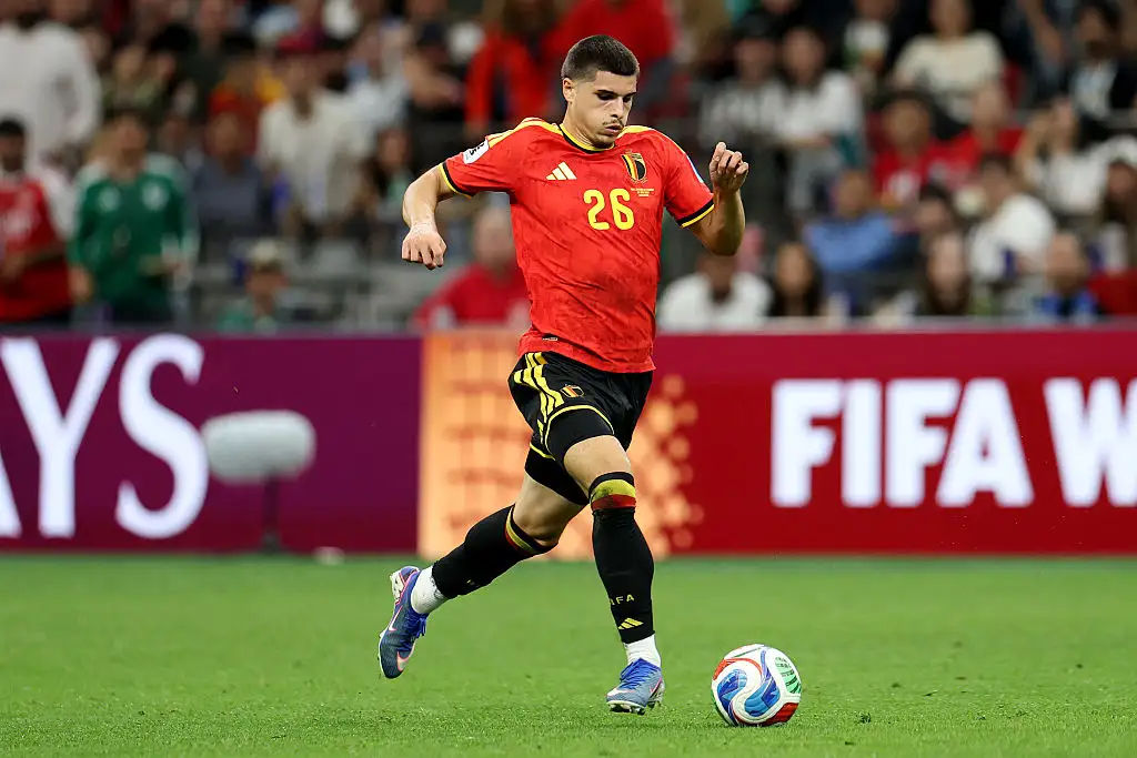 Matias Fernandez-Pardo #26 of Belgium controls the ball during the FIFA World Cup 2026 Group G match between New Zealand and Belgium at BC Place Vancouver on June 26, 2026 in Vancouver, British Columbia