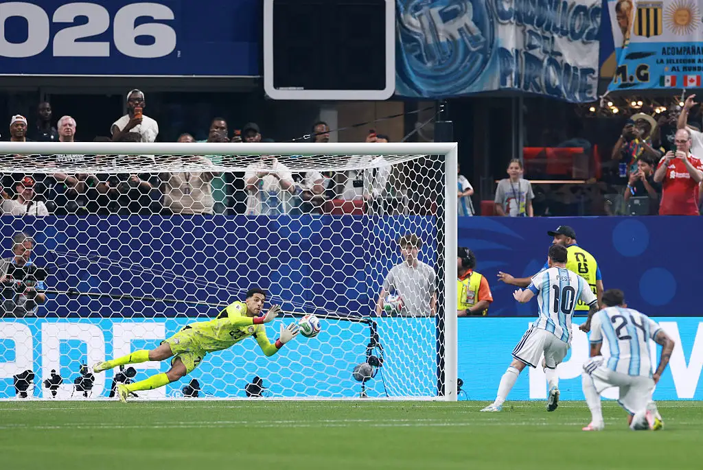 Mostafa Shoubir #23 of Egypt makes a save against a penalty by Lionel Messi #10 of Argentina during the FIFA World Cup 2026 Round of 16 match between Argentina and Egypt at Atlanta Stadium on July 07, 2026 in Atlanta, Georgia