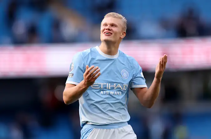 Erling Haaland reacts during Manchester City's 5-3 win over Sunderland