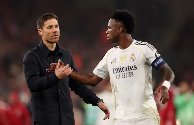 Xabi Alonso and Vinicius Junior following Real Madrid's defeat to Liverpool this month