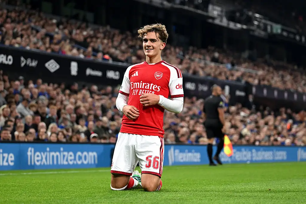 Max Dowman of Arsenal celebrates scoring his team’s first goal during the Carabao Cup Third Round match between Ipswich Town and Arsenal at Portman Road on September 15, 2026 in Ipswich, England