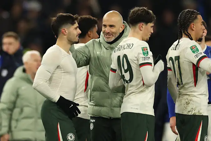 Enzo Maresca congratulates his players after Chelsea's 3-1 win over Cardiff