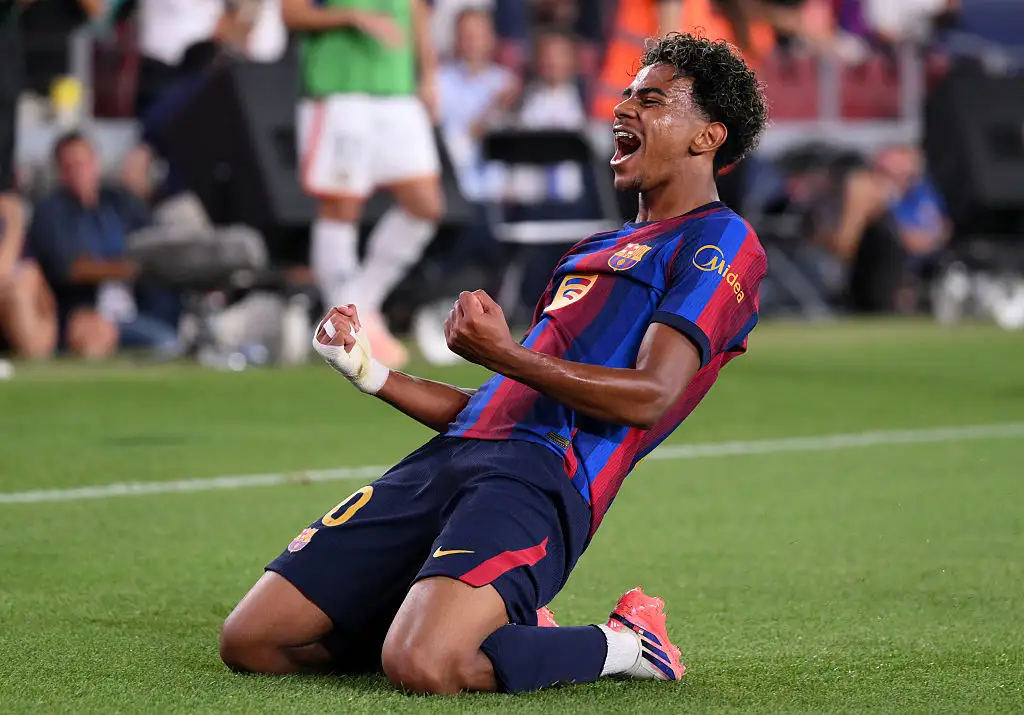 Lamine Yamal of Barcelona celebrates scoring his team’s second goal during the LaLiga EA Sports 2026/27 match between FC Barcelona and Rayo Vallecano de Madrid at Spotify Camp Nou on August 31, 2026 in Barcelona, Spain
