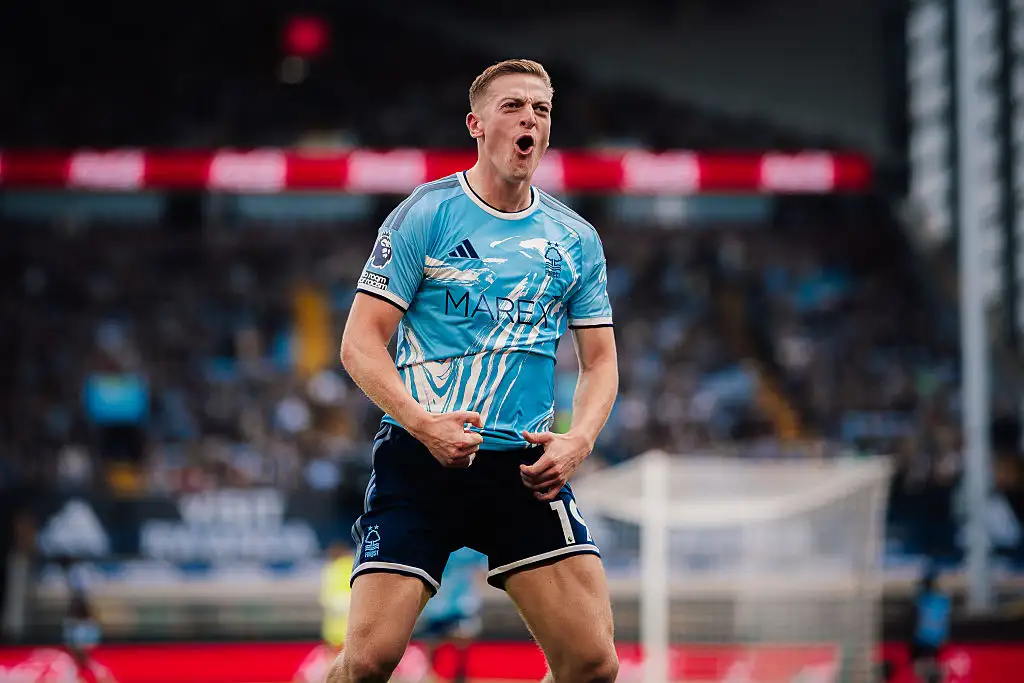 Liam Delap of Nottingham Forest celebrates after scoring the opening goal during the Premier League 2026/27 match between Aston Villa FC and Nottingham Forest FC at Villa Park on September 12, 2026 in Birmingham, United Kingdom
