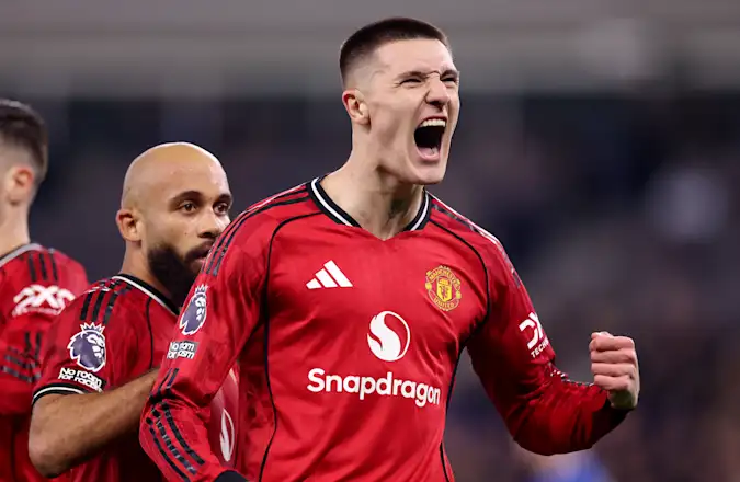 Benjamin Sesko of Manchester United celebrates scoring his team's first goal during the Premier League match between Everton and Manchester United at the Hill Dickinson Stadium on February 23, 2026 in Liverpool, England. (Photo by Carl Recine/Getty Images)