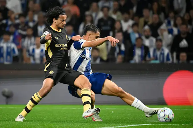 Ayyoub Bouaddi (left) challenges Gabri Veiga (right) for the ball during Manchester City’s 2-0 Champions League victory over FC Porto