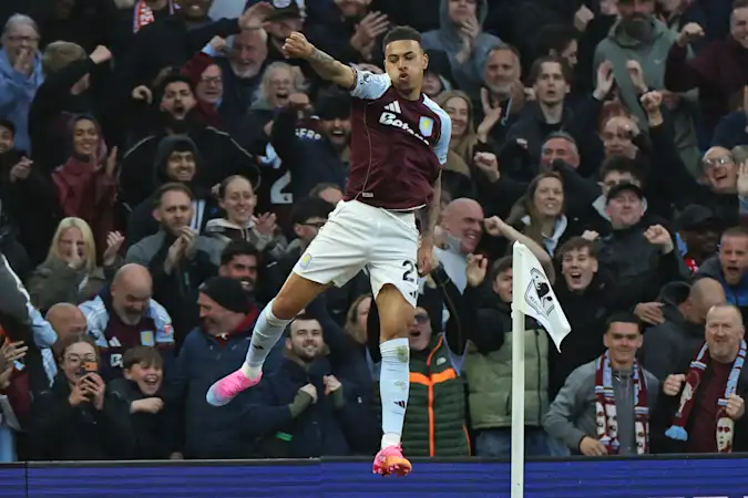Morgan Rogers celebrates scoring against Liverpool