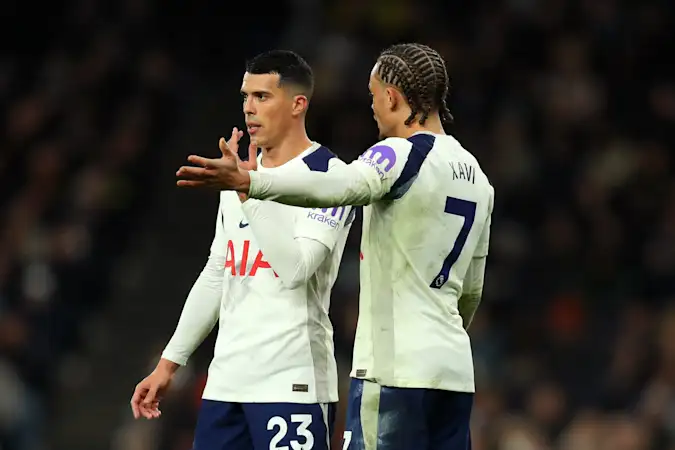 Pedro Porro and Xavi Simons during Tottenham's 2-0 win over Brentford