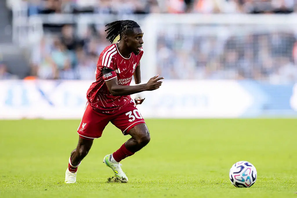 Jeremie Frimpong of Liverpool in action during the Premier League 2026/27 match between Newcastle United and Liverpool FC at St James' Park on August 23, 2026 in Newcastle upon Tyne, England