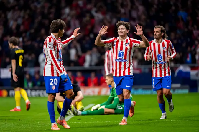 Julian Alvarez celebrates with Giuliano Simeone in Atletico Madrid's 3-1 win over Union St.Gilloise