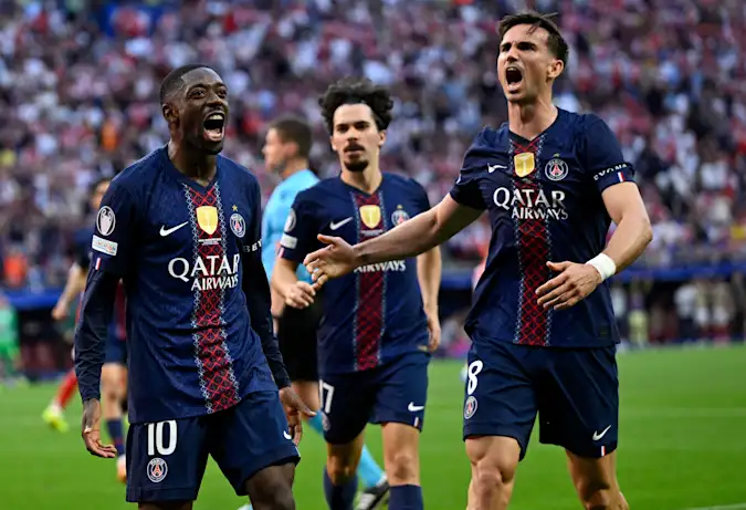 Ousmane Dembele celebrates scoring against Arsenal in the Champions League final