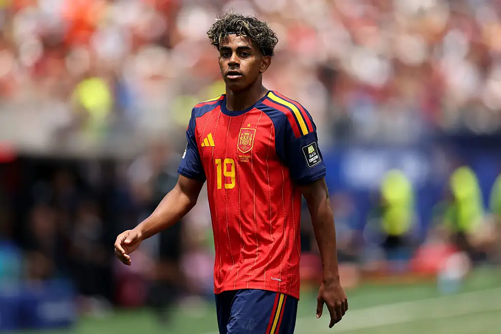 Lamine Yamal #19 of Spain looks on during the FIFA World Cup 2026 Quarter Final match between Spain and Belgium at Los Angeles Stadium on July 10, 2026 in Inglewood, California