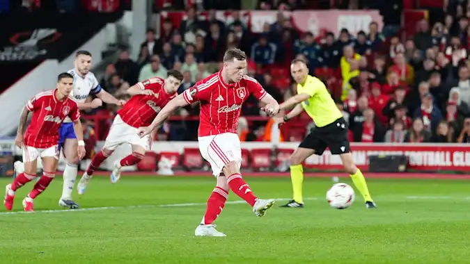 Chris Wood's penalty made the difference in the first leg as Nottingham Forest won 1-0