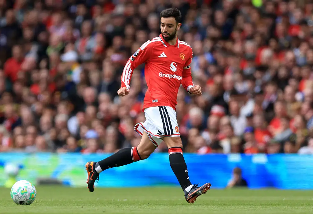 Bruno Fernandes of Manchester United on the ball during the Premier League match between Manchester United and Nottingham Forest at Old Trafford on May 17, 2026 in Manchester, England