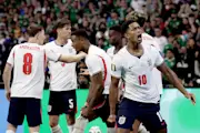 Jude Bellingham celebrates a goal for England.