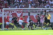 Dominik Kohr scores the opening goal during the Bundesliga encounter between 1 FSV Mainz 05 and FC Bayern Munich.