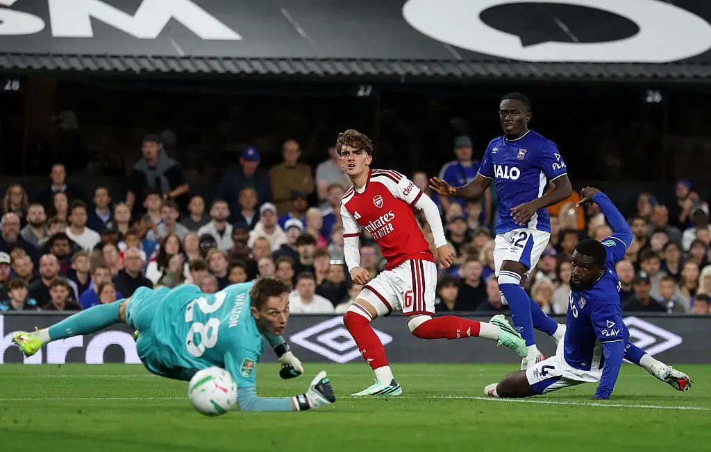 Max Dowman of Arsenal scores his team’s third goal during the Carabao Cup Third Round match between Ipswich Town and Arsenal at Portman Road on September 15, 2026 in Ipswich, England