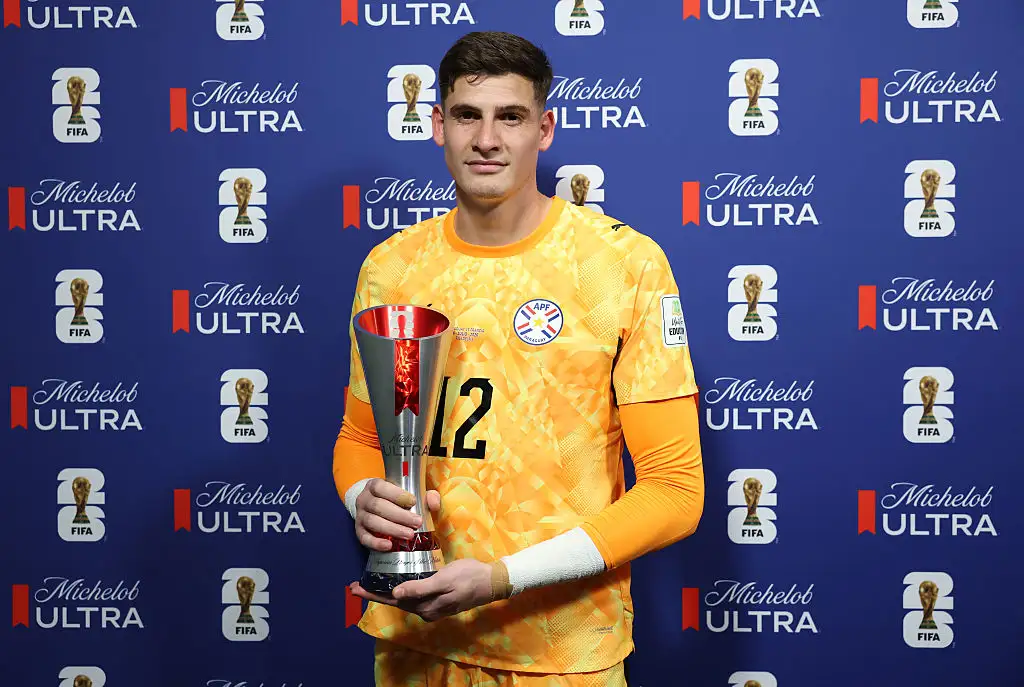Orlando Gill #12 of Paraguay poses for a photograph with the Superior Player of the Match award after the FIFA World Cup 2026 Round of 16 match between Paraguay and France at Philadelphia Stadium on July 04, 2026 in Philadelphia, Pennsylvania