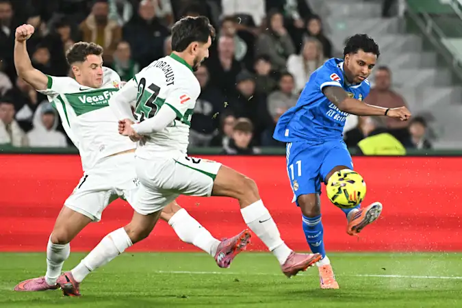 Real Madrid forward Rodrygo in league action against Elche