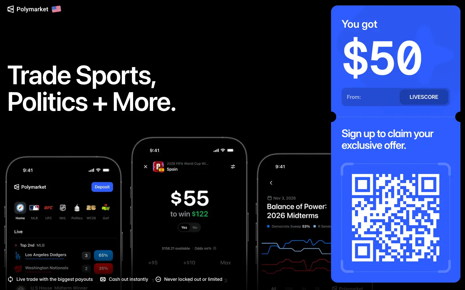 Polymarket Invite QR Code for $50 Trading Bonus