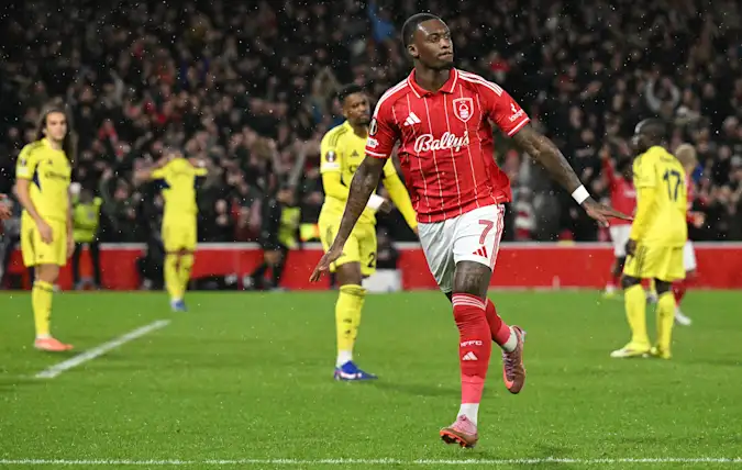 Callum Hudson-Odoi celebrates scoring the team's first goal during the UEFA Europa League Knockout Round Play-off second-leg football match between Nottingham Forest and Fenerbahce SK at The City Ground in Nottingham