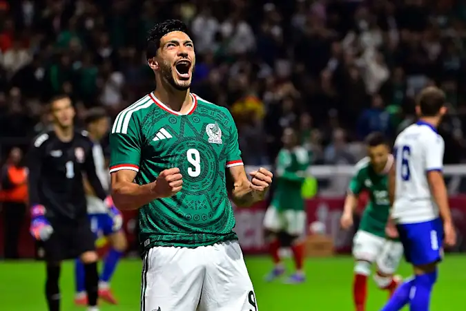Raul Jimenez celebrates scoring for Mexico in El Tri's 5-1 friendly fixture win over Serbia.