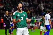 Raul Jimenez celebrates scoring for Mexico in El Tri's 5-1 friendly fixture win over Serbia.