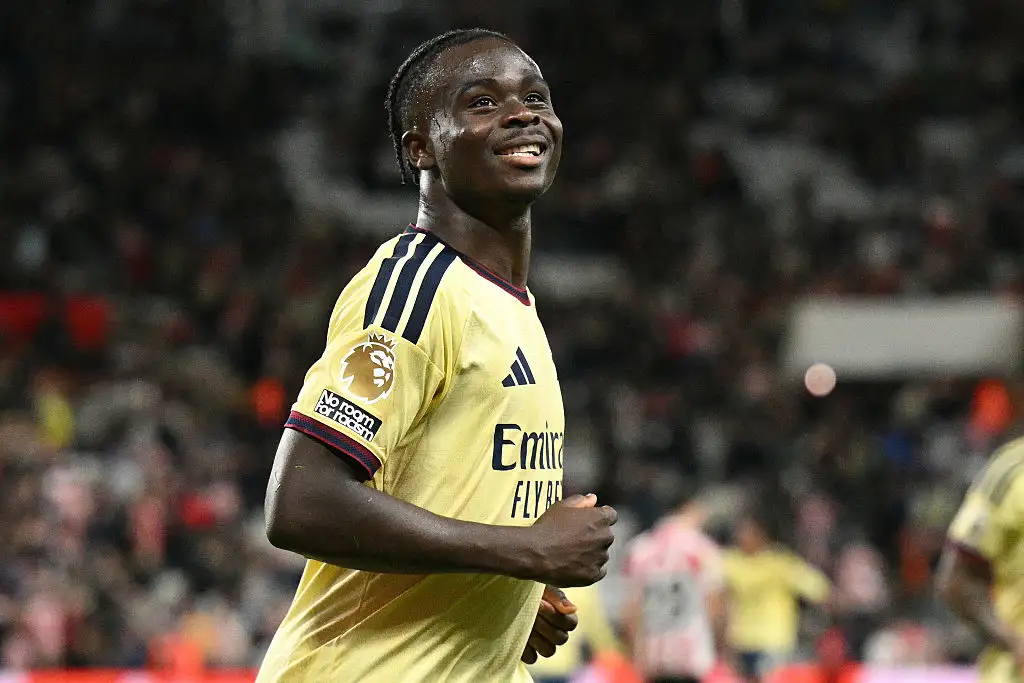 Arsenal's English midfielder #07 Bukayo Saka celebrates scoring the team's second goal during the English Premier League football match between Sunderland and Arsenal at The Stadium of Light in Sunderland in north east England on September 12, 2026