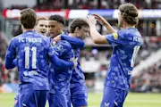 FC Twente celebrate a goal against PSV in the Eredivisie.