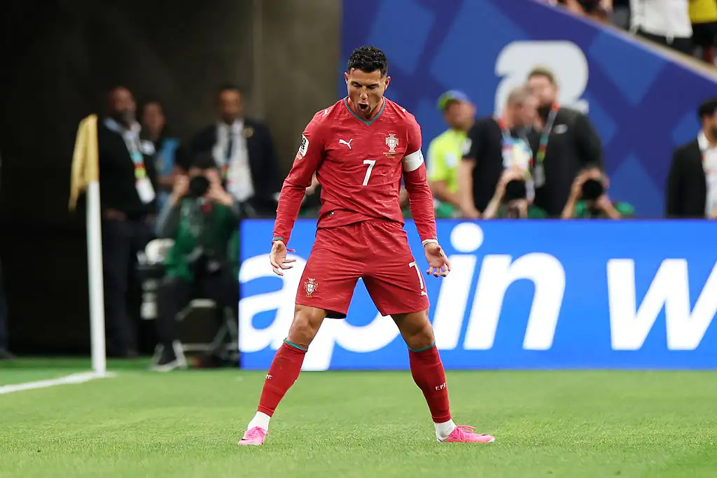 Cristiano Ronaldo #7 of Portugal celebrates scoring his team's first goal during the FIFA World Cup 2026 Group K match between Portugal and Uzbekistan at Houston Stadium on June 23, 2026 in Houston, Texas