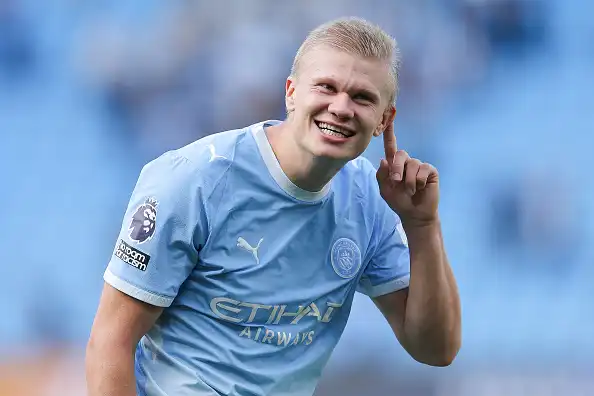 Erling Haaland celebrates scoring for Manchester City against Sunderland