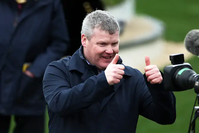 Gordon Elliott celebrates as Teahupoo wins the Stayers Hurdle