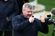 Gordon Elliott celebrates as Teahupoo wins the Stayers Hurdle