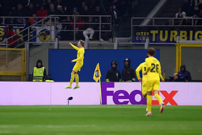 Jens Petter Hauge of FK Bodo/Glimt celebrates after scoring the opening goal during the UEFA Champions League 2025/26 League Knockout Play-off Second Leg match between FC Internazionale Milano and FK Bodo/Glimt at Stadio San Siro