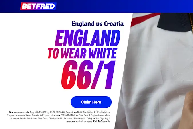 Betfred World Cup Free Bets Offer: England to Wear WHITE 66/1