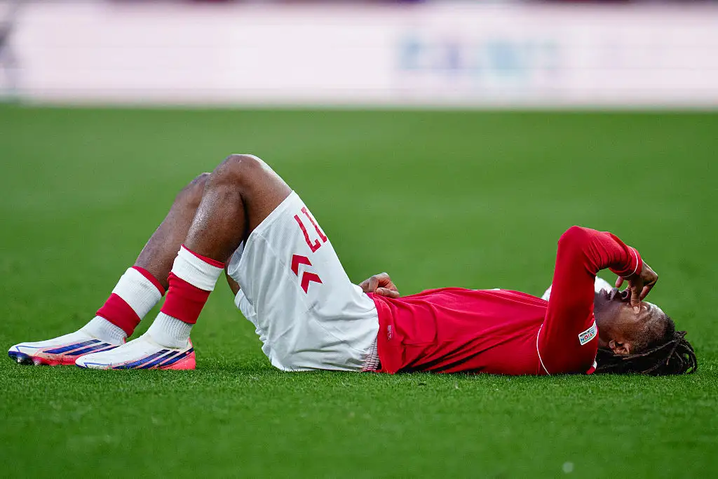 Denmark's defender #17 Patrick Dorgu reacts injured on the pitch during the UEFA Nations League Group A4 football match between Denmark and Wales in Copenhagen on September 27, 2026