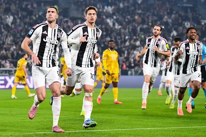 Dusan Vlahovic and Kenan Yildiz celebrate during Juventus' recent Serie A over Udinese