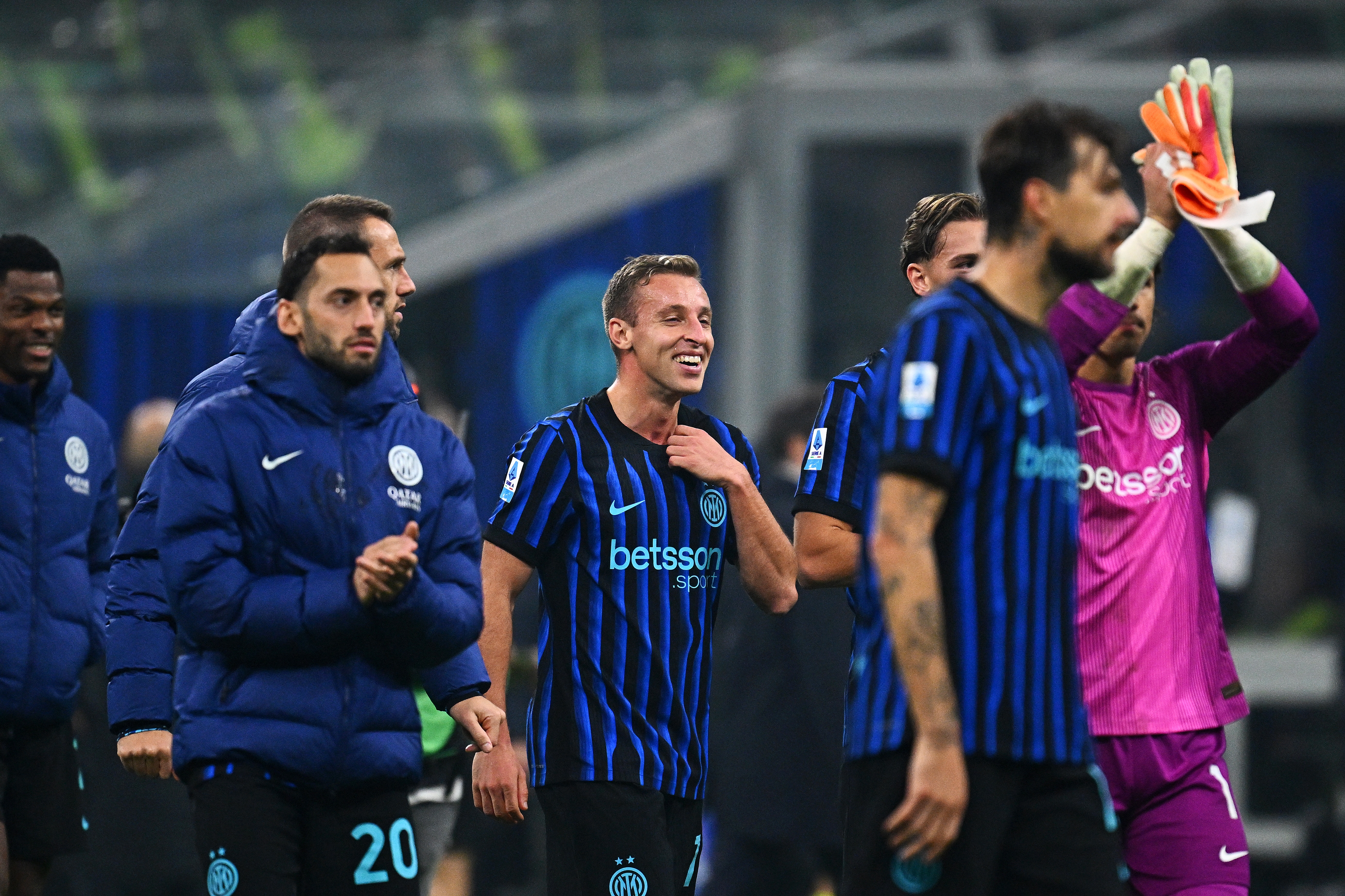 Inter celebrate their recent league win over Lazio