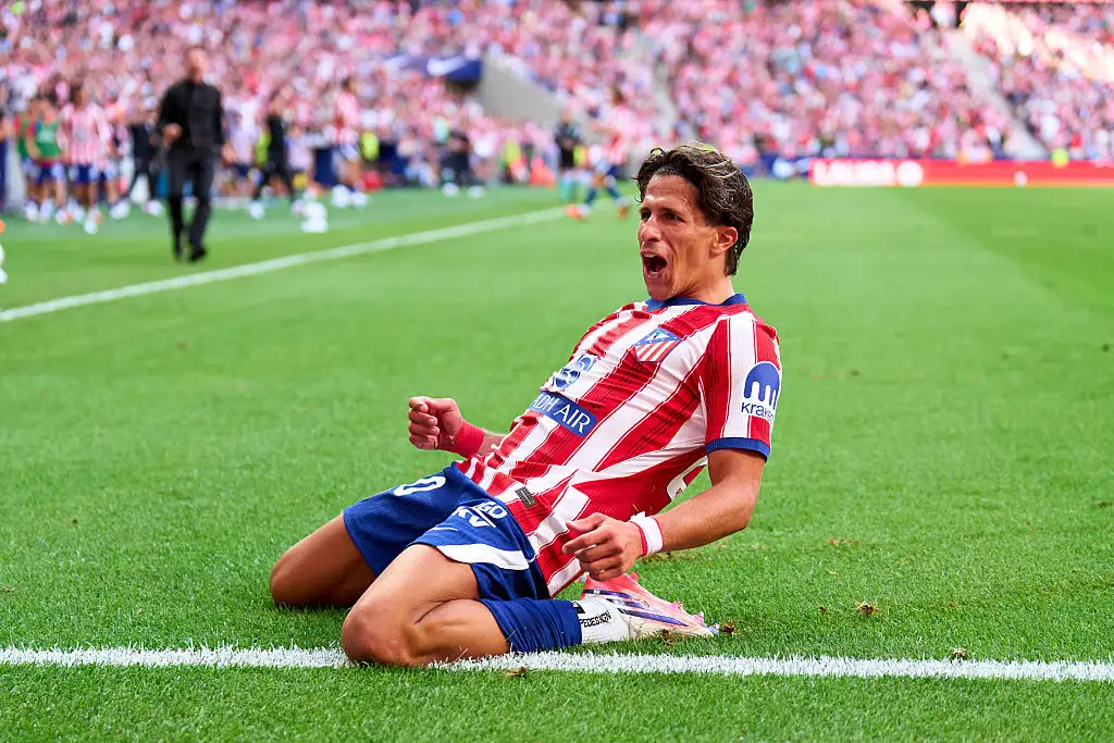 Giuliano Simeone of Atletico de Madrid celebrates after scoring his team's second goal during the LaLiga EA Sports 2026/27 match between Atletico de Madrid and Villarreal CF at Riyadh Air Metropolitano on August 23, 2026 in Madrid, Spain